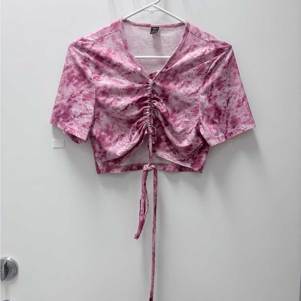 SHEIN Sz 0XL Pink Tie-Dye Ruched Crop Top